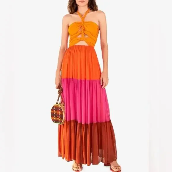 FARM RIO Warm Color Block Halter Maxi Dress Size L - Picture 6 of 13